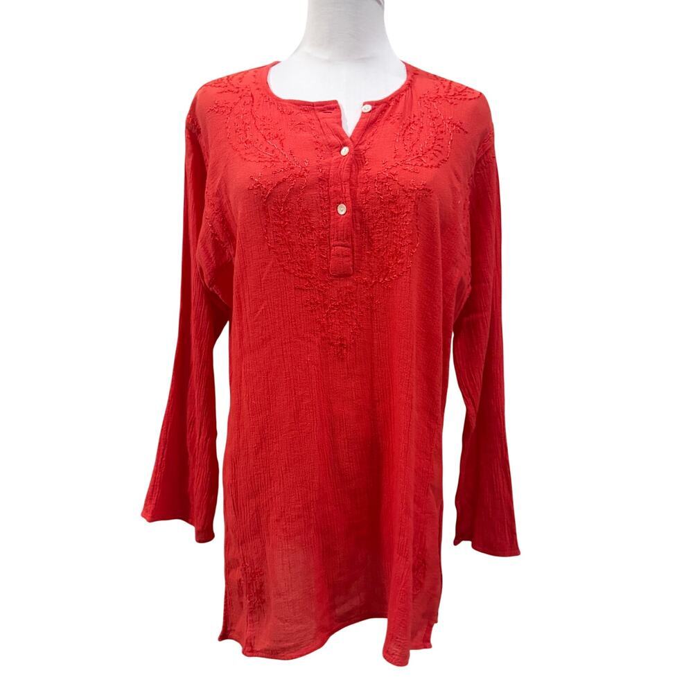 Zad Coral Orange Embroidered Cotton Gauze Tunic Top XL Long Sleeve Coastal Chic